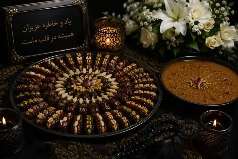 تصویر خرمای تزئین شده برای مراسم ختم داخل ظرف